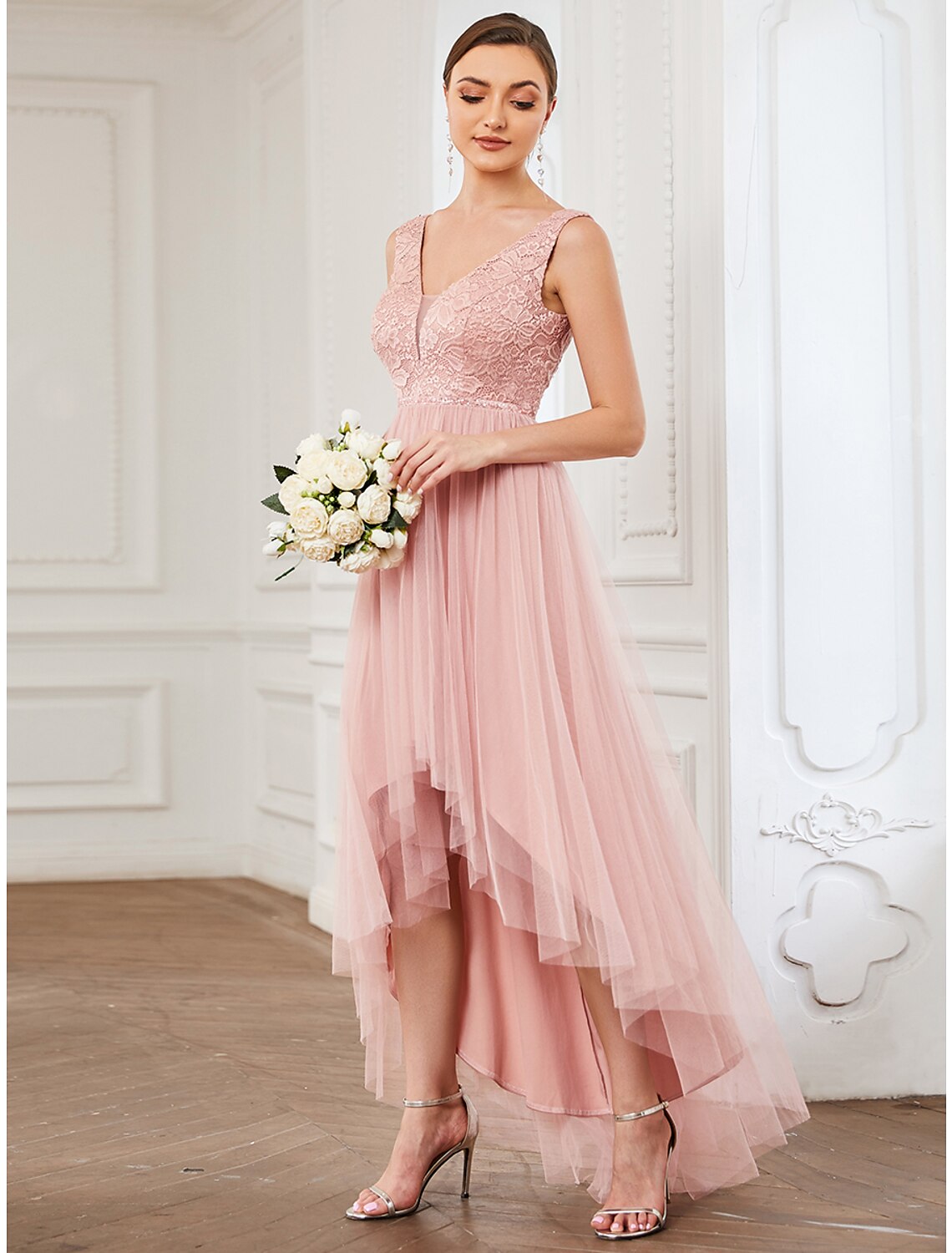 A-Line Bridesmaid Dress V Neck Sleeveless Elegant Short / Mini Lace / Tulle with Draping / Ruching / High Low