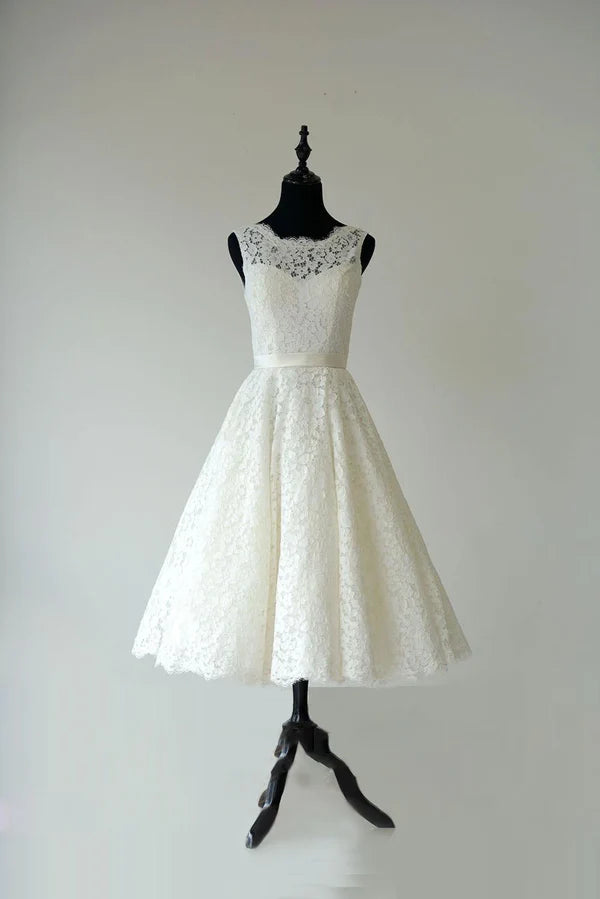 Buyishang Sleeveless Sheer Illusion Neckline Tea Length Garden Bridal Dress With Waistband