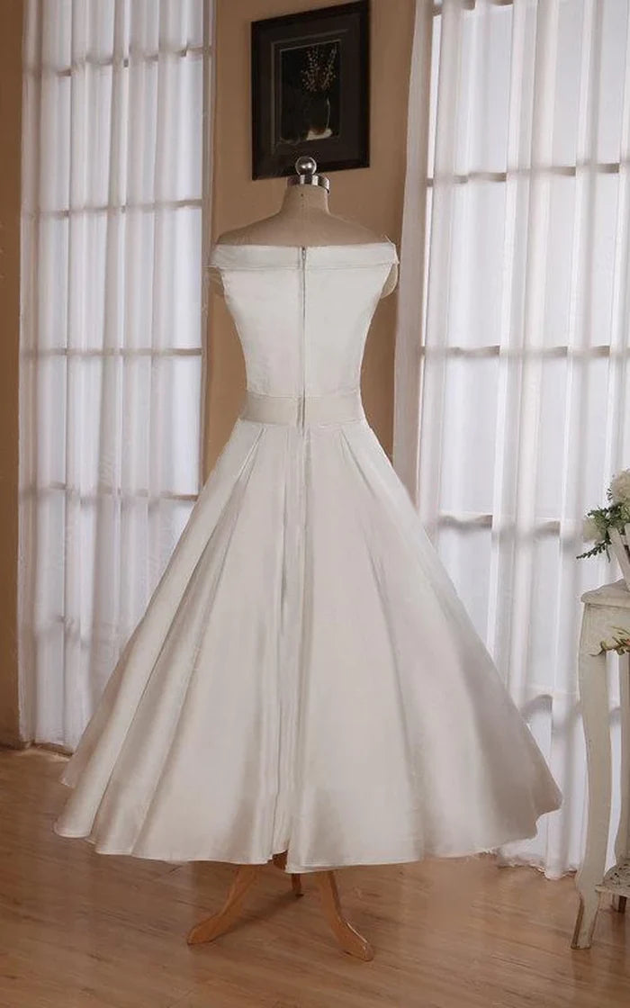 Buyishang Sleeveless Tea-Length Satin Wedding Dress With Sash And Off-The-Shoulder Neck