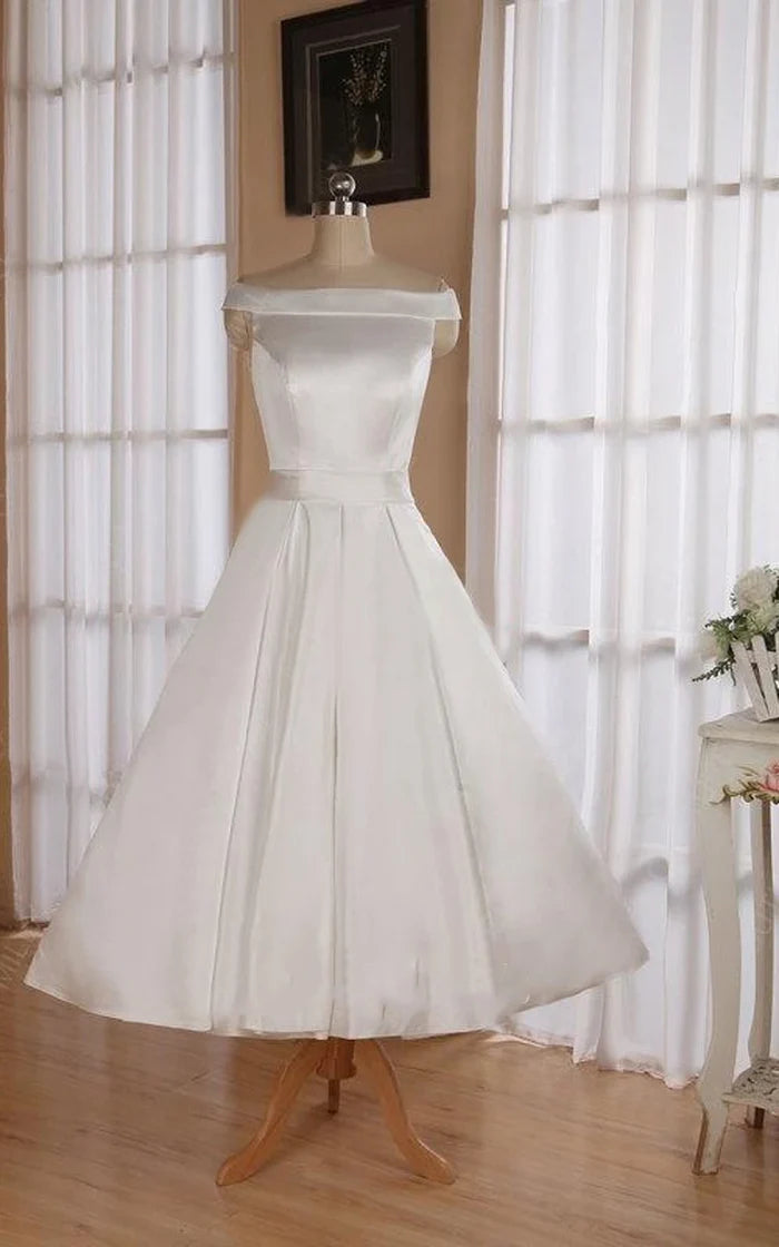 Buyishang Sleeveless Tea-Length Satin Wedding Dress With Sash And Off-The-Shoulder Neck