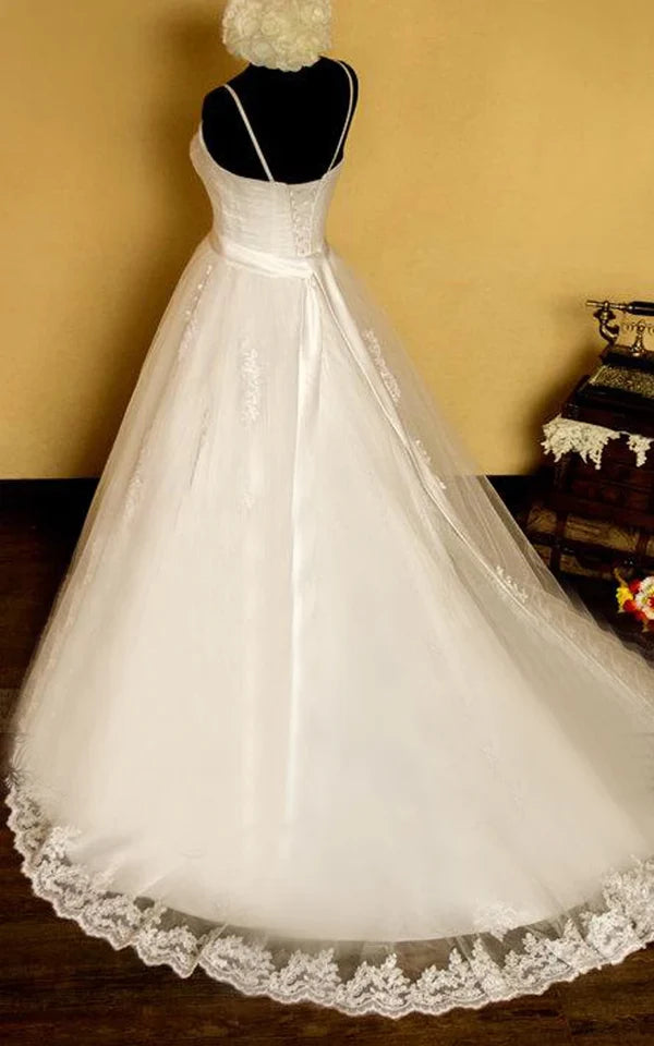 Buyishang Spaghetti Crisscross Organza Wedding Dress With Sash And Lace-Up Back