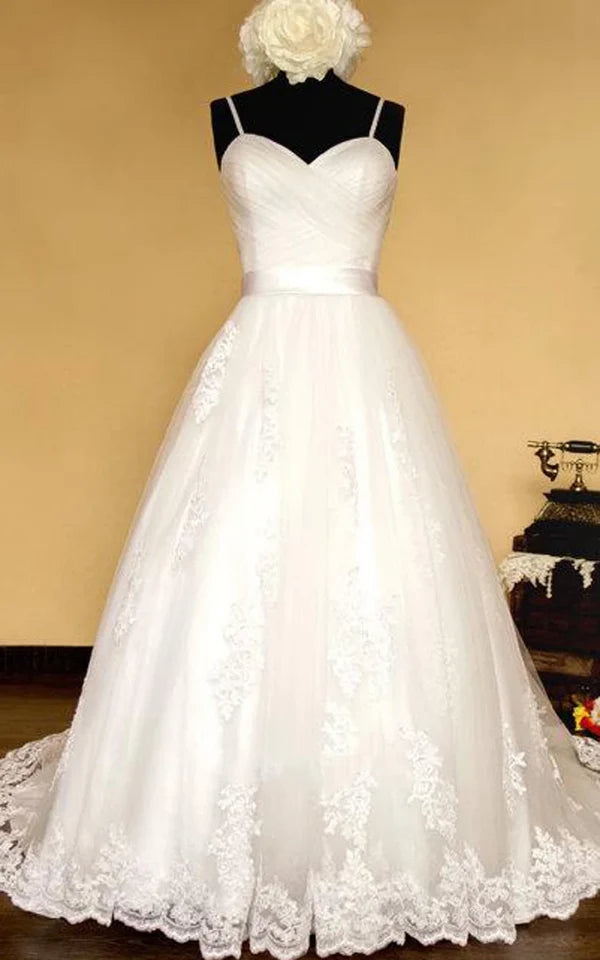 Buyishang Spaghetti Crisscross Organza Wedding Dress With Sash And Lace-Up Back
