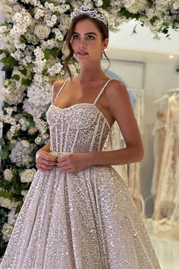 Buyishang Spaghetti Straps Sequins A-line Sparkly Wedding Dress Bridal Gown