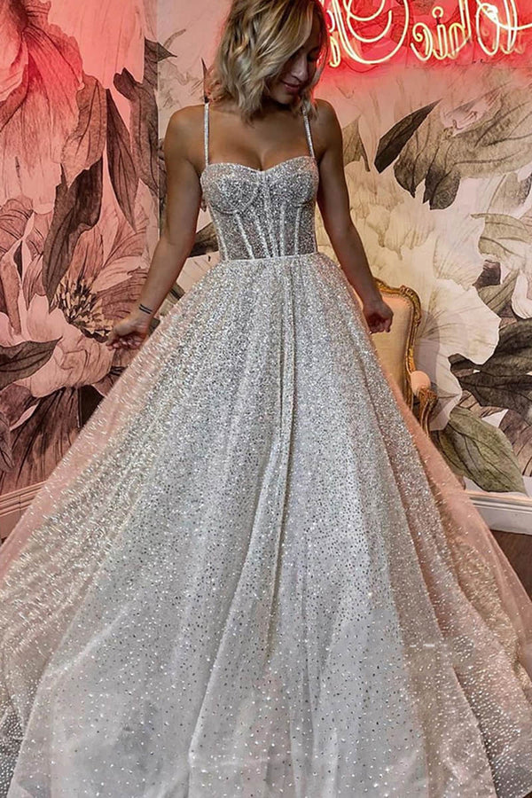 Buyishang Spaghetti Straps Sequins A-line Sparkly Wedding Dress Bridal Gown