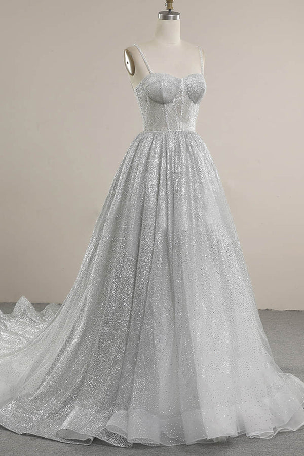 Buyishang Spaghetti Straps Sequins A-line Sparkly Wedding Dress Bridal Gown