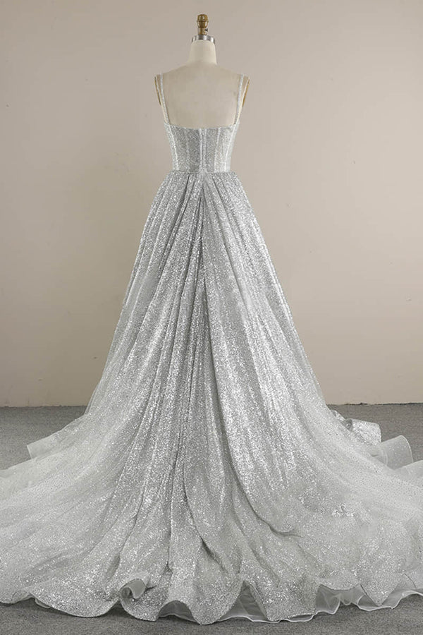 Buyishang Spaghetti Straps Sequins A-line Sparkly Wedding Dress Bridal Gown