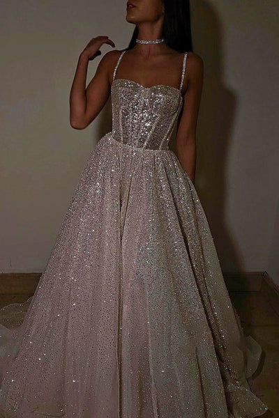 Buyishang Spaghetti Straps Sparkly Bohemian Wedding Dress