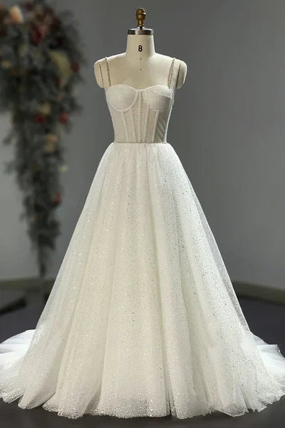 Buyishang Spaghetti Straps Sparkly Bohemian Wedding Dress