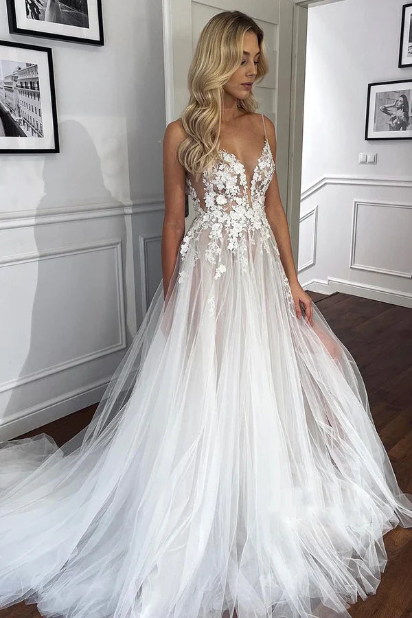Buyishang Spaghetti Straps V-Neck Lace Appliques A-line Tulle Rustic Wedding Dress