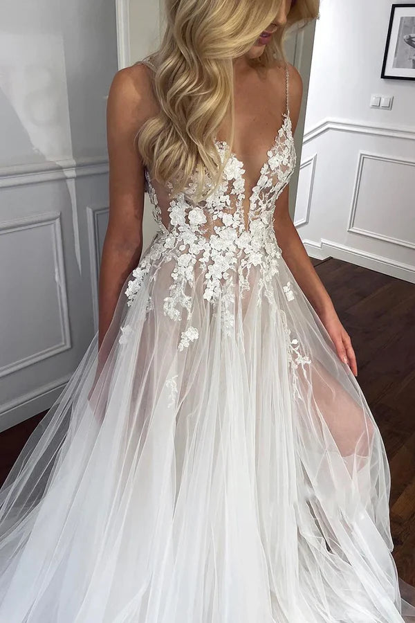 Buyishang Spaghetti Straps V-Neck Lace Appliques A-line Tulle Rustic Wedding Dress