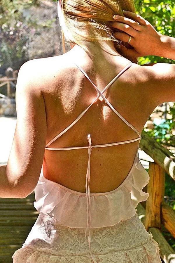 Buyishang Spaghetti Tired Lace Vintage Wedding Dress With Sweep Train