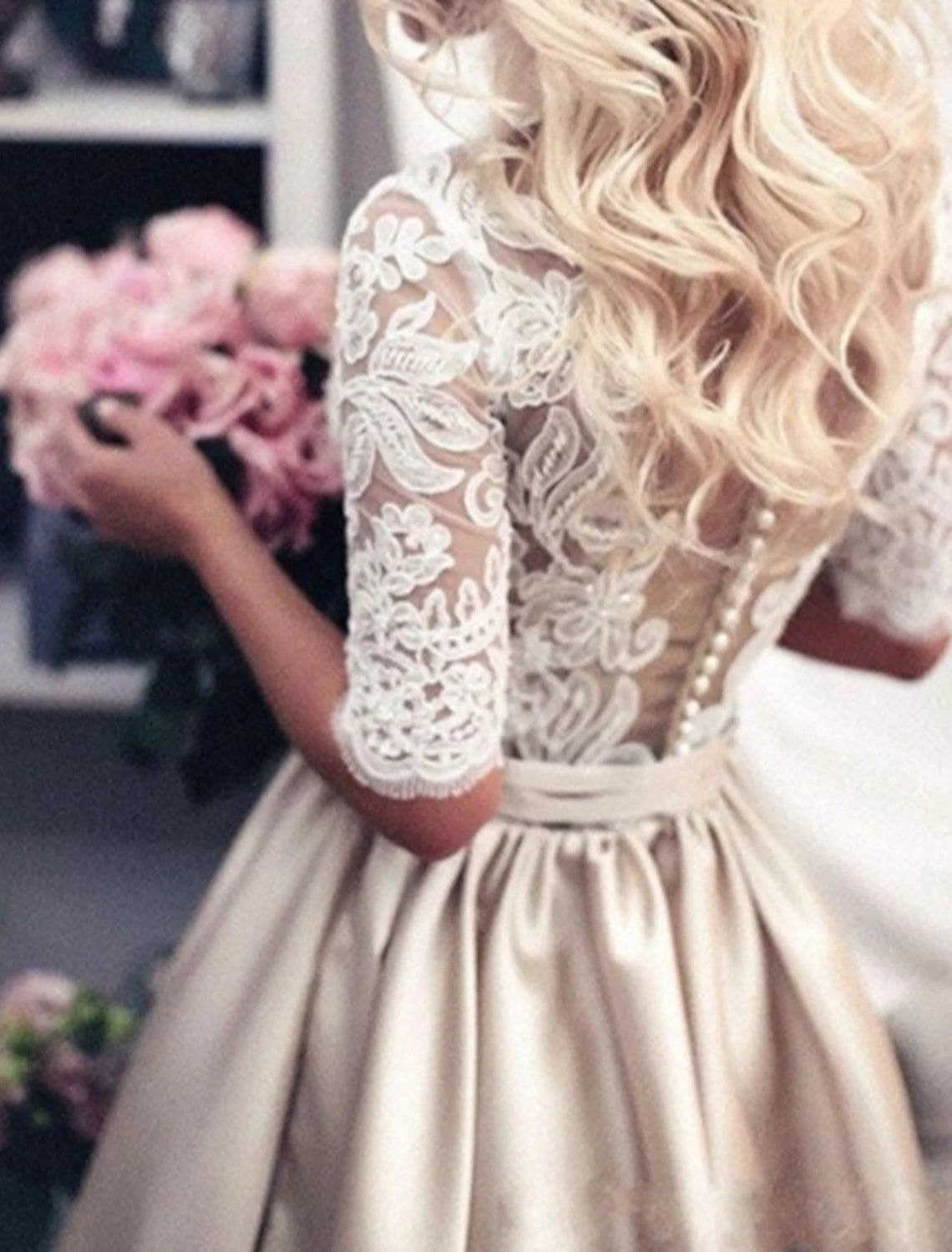 Buyishang Hall Formal Wedding Dresses A-Line Illusion Neck Half Sleeve Court Train Satin Bridal Gowns With Buttons Appliques