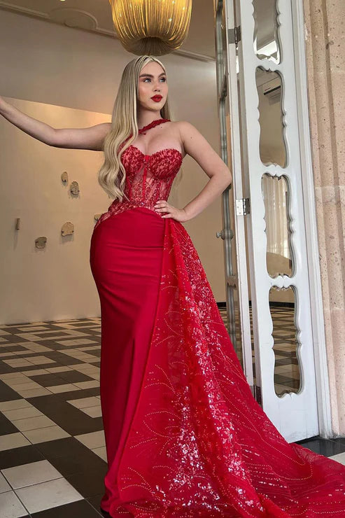 Unique One Shoulder Sweetheart Red Mermaid Formal Evening Dress