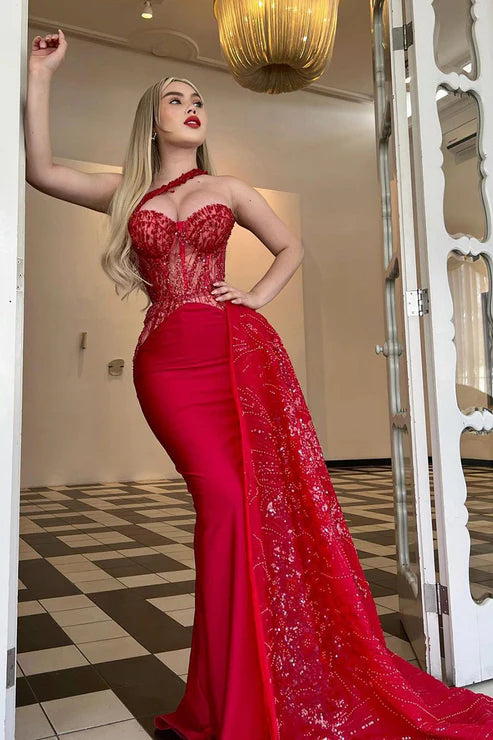 Unique One Shoulder Sweetheart Red Mermaid Formal Evening Dress