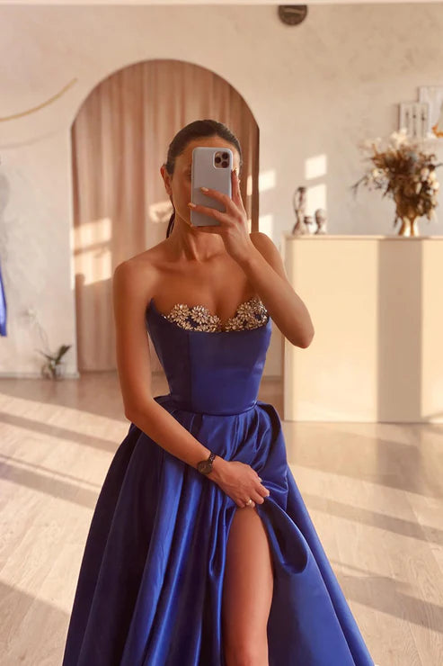 A line Strapless Satin Beads Long Prom Formal Dress with Slit