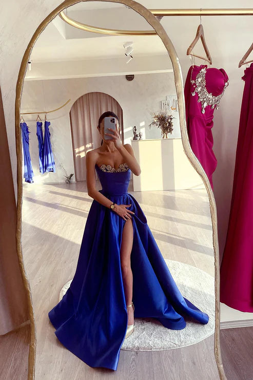A line Strapless Satin Beads Long Prom Formal Dress with Slit