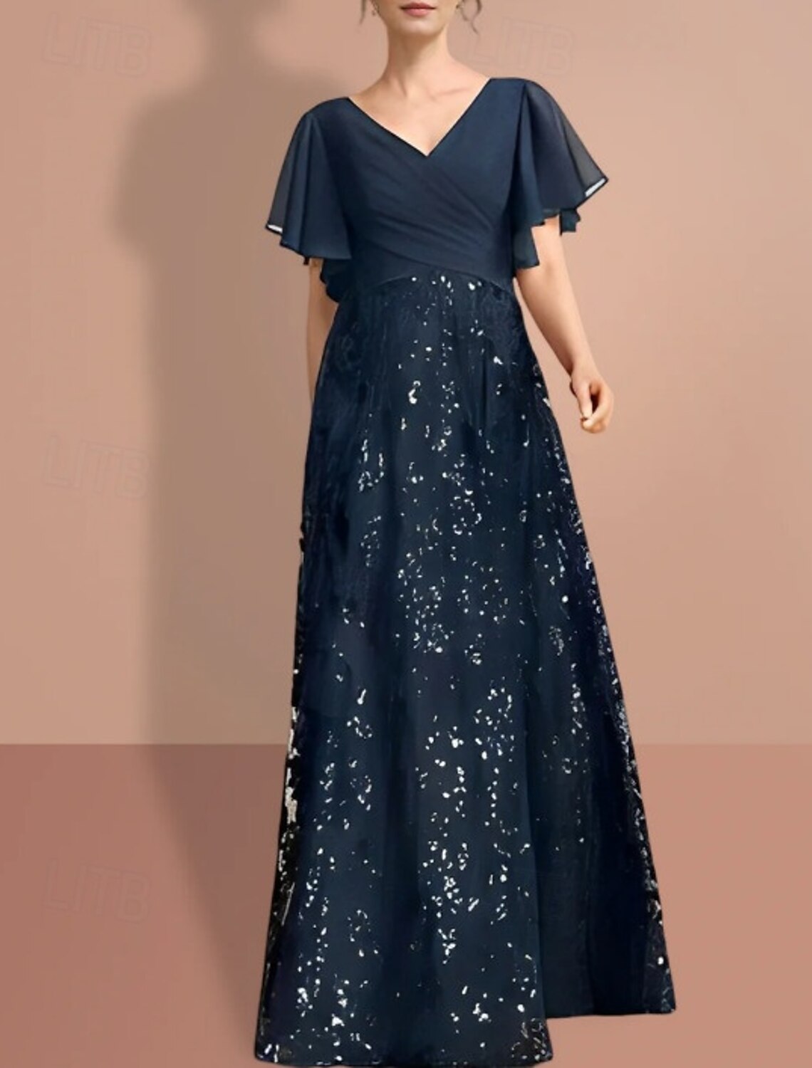 Buyishang A-Line Dress Mother of the Bride Dress Elegant Sparkle & Shine V Neck Floor Length Chiffon Short Sleeve with Lace Ruched Solid Color