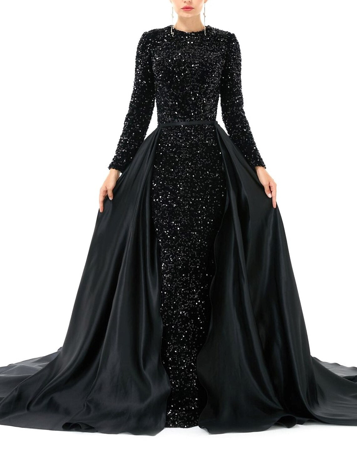 Mermaid / Trumpet Evening Gown Glittering Dress Prom Formal Evening Chapel Train Long Sleeve Jewel Neck Satin with Overskirt Pure Color