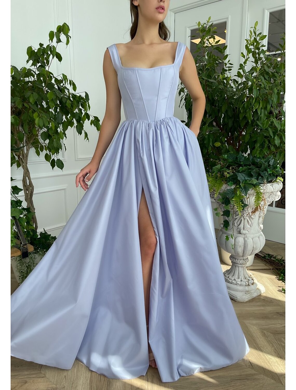 A-Line Minimalist Elegant High Split Engagement Prom Dress Square Neck Sleeveless Sweep / Brush Train Satin with Slit Pure Color