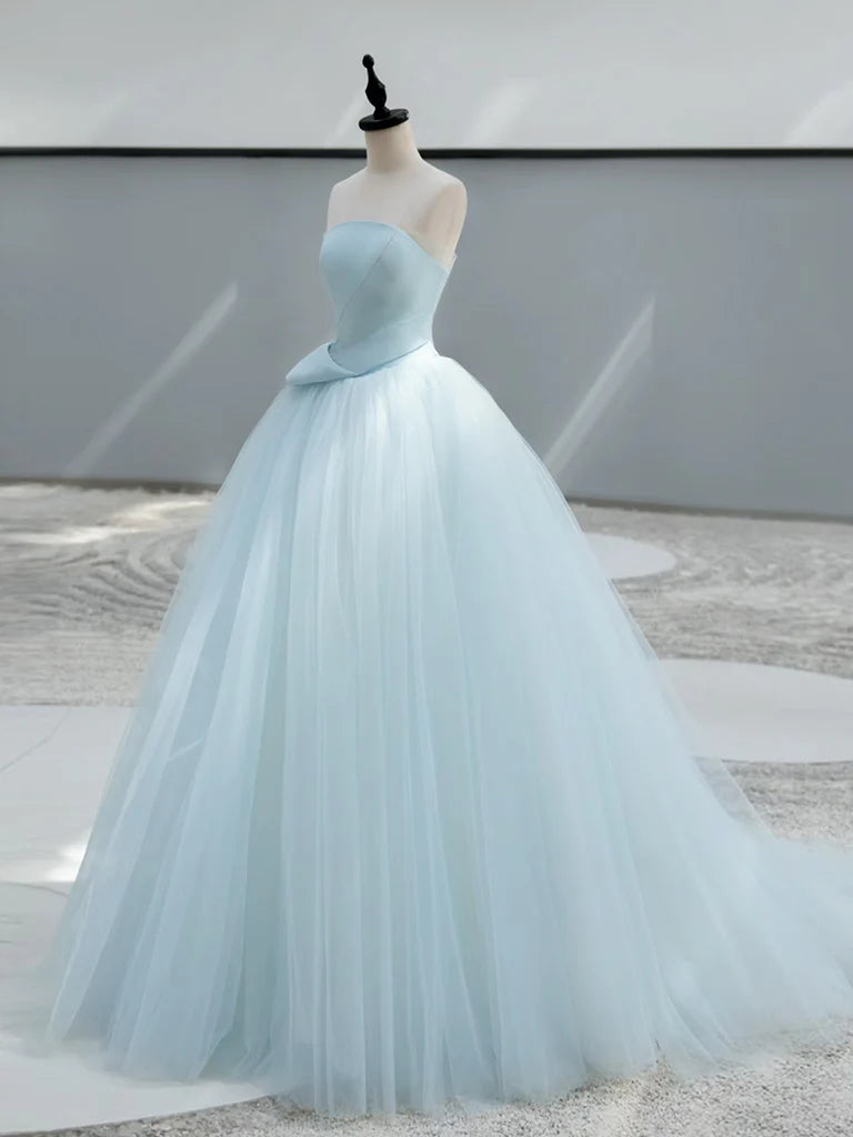 Buyishang A-Line Tulle Blue Long Prom Dress Blue Tulle Long Formal Dress