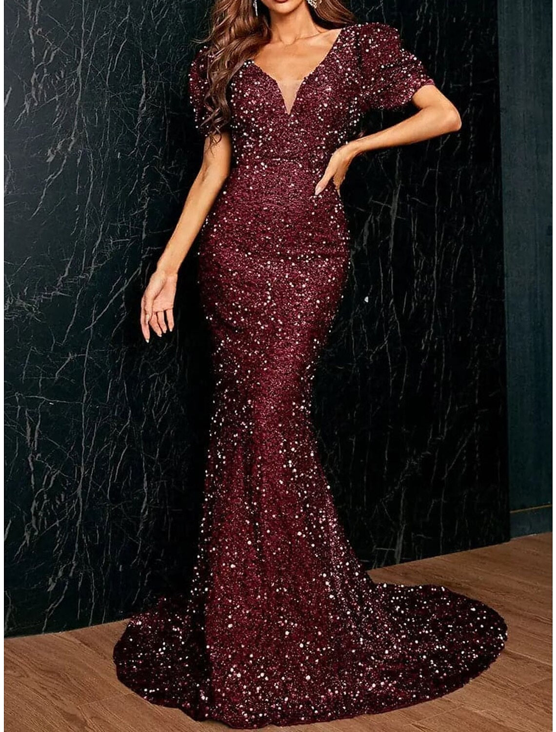 Women's Sequin Dress Prom Dress Party Dress Long Dress Maxi Dress Silver Pink Wine Short Sleeve Plain Sequins Summer Spring Fall V Neck Elegant Wedding Guest Birthday Evening Party
