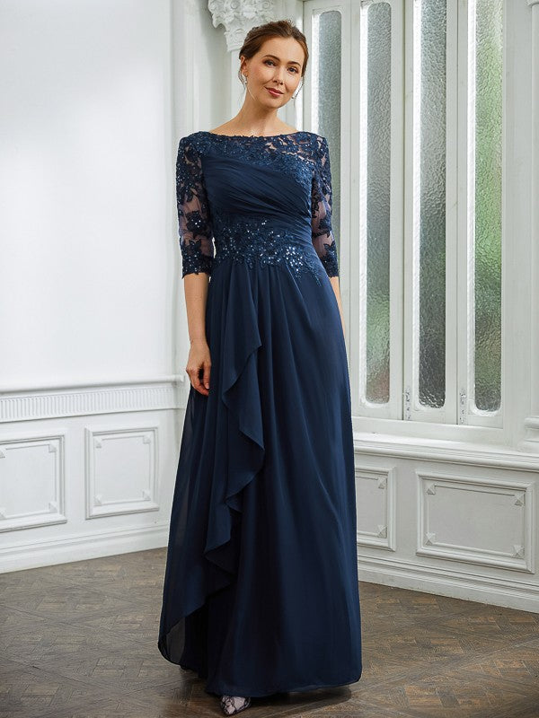 A-Line/Princess Chiffon Applique Bateau 3/4 Sleeves Floor-Length Mother of the Bride Dresses