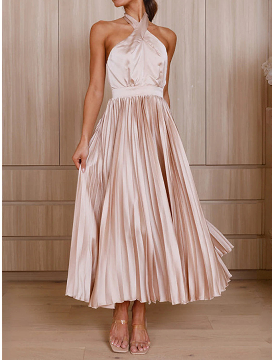 Women's Prom Dress Party Dress Wedding Guest Dress Long Dress Maxi Dress Black Pink Royal Blue Sleeveless Plain Pleated Summer Spring Fall Halter Neck Red Valentines Dress Valentine's Day Wedding