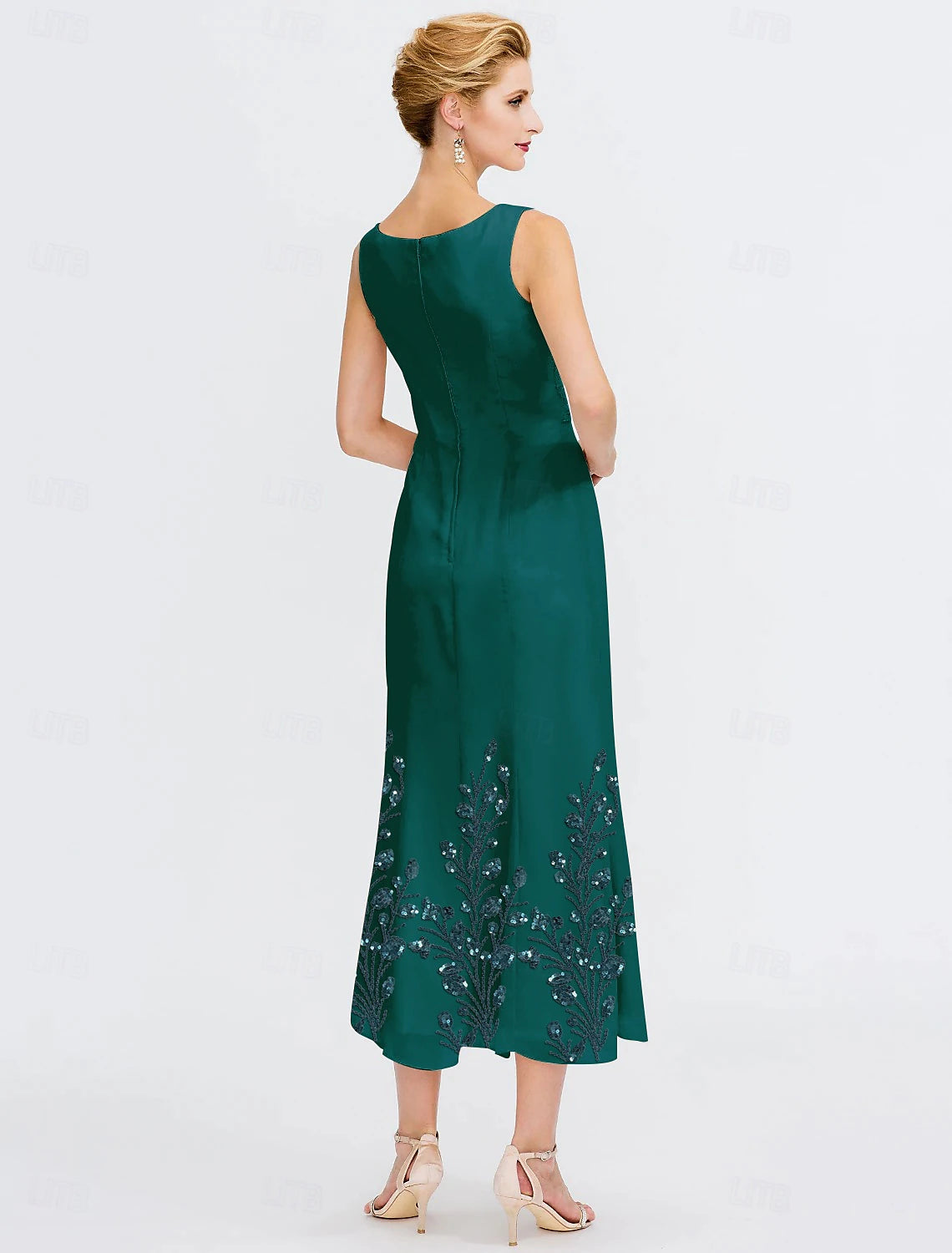 Buyishang Two Piece A-Line Dress Suit Mother of the Bride Dress Elegant Jewel Neck Tea Length Chiffon 3/4 Length Sleeve Jacket Dresses with Sequin