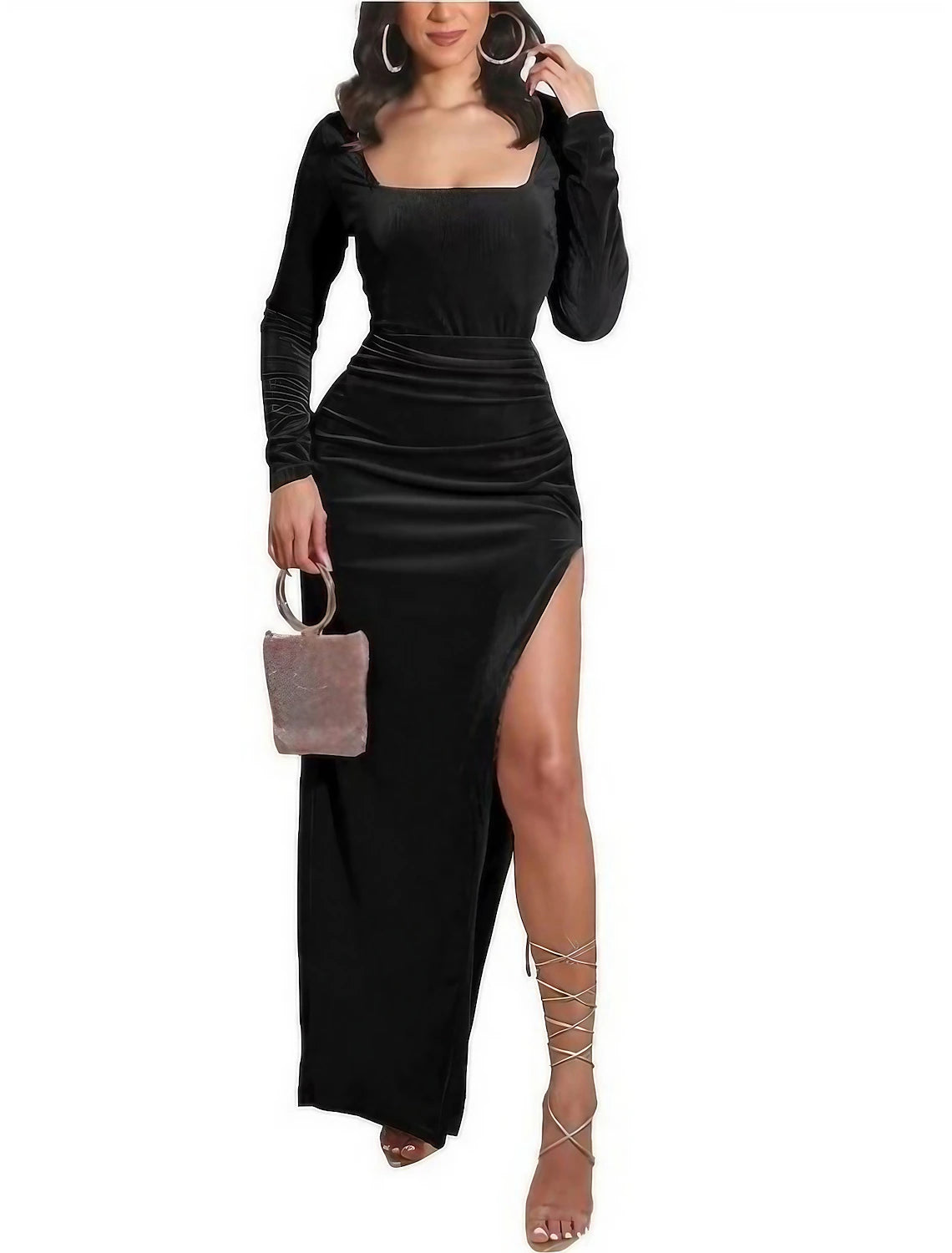 Women's Black Dress Velvet Dress Prom Dress Long Dress Maxi Dress Black Pink Blue Long Sleeve Pure Color Split Spring Fall Winter Square Neck Fashion Winter Dress Wedding Guest Evening Party