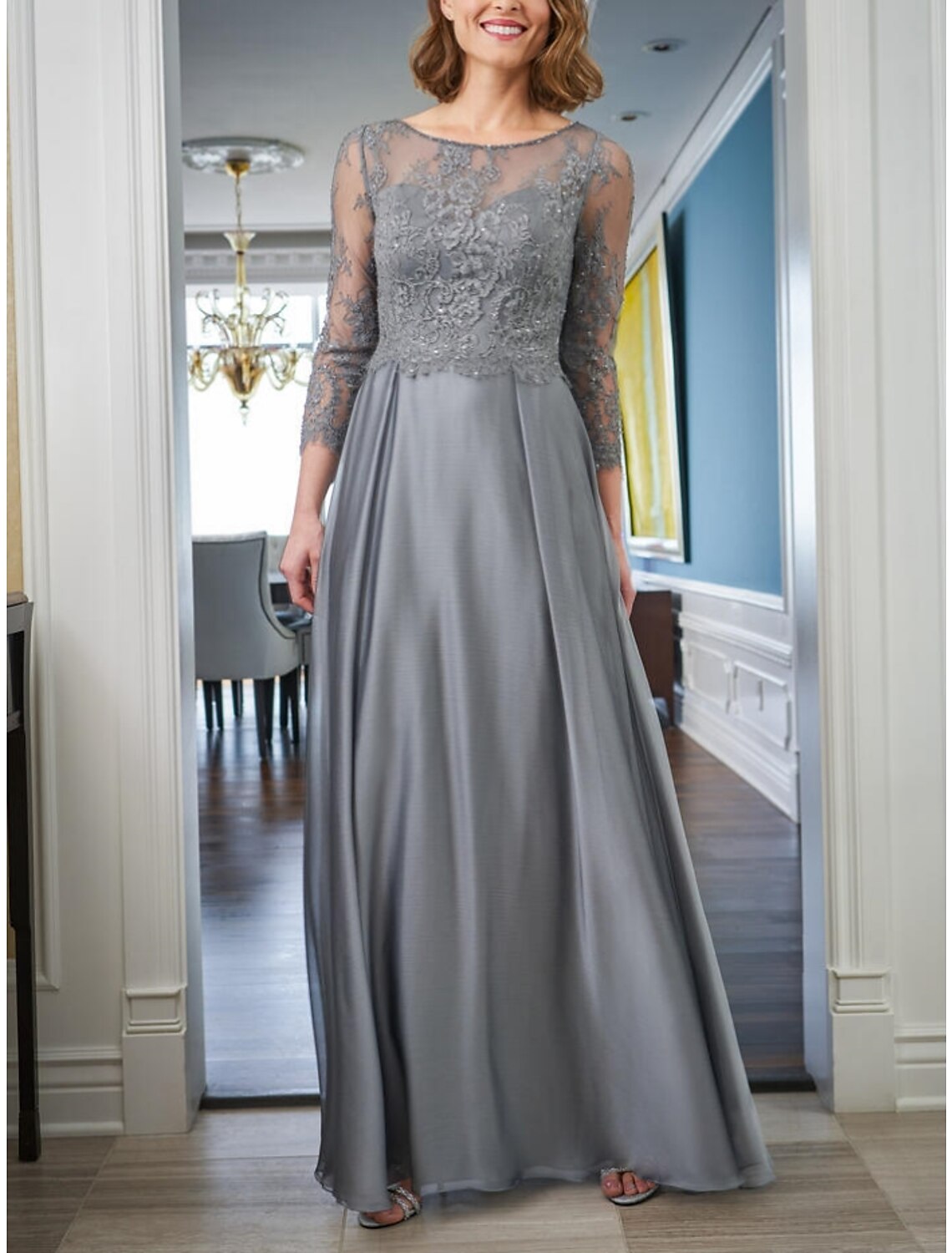 A-Line Mother of the Bride Dress Wedding Guest Elegant Scoop Neck Ankle Length Chiffon Long Sleeve with Lace Sequin Ruching