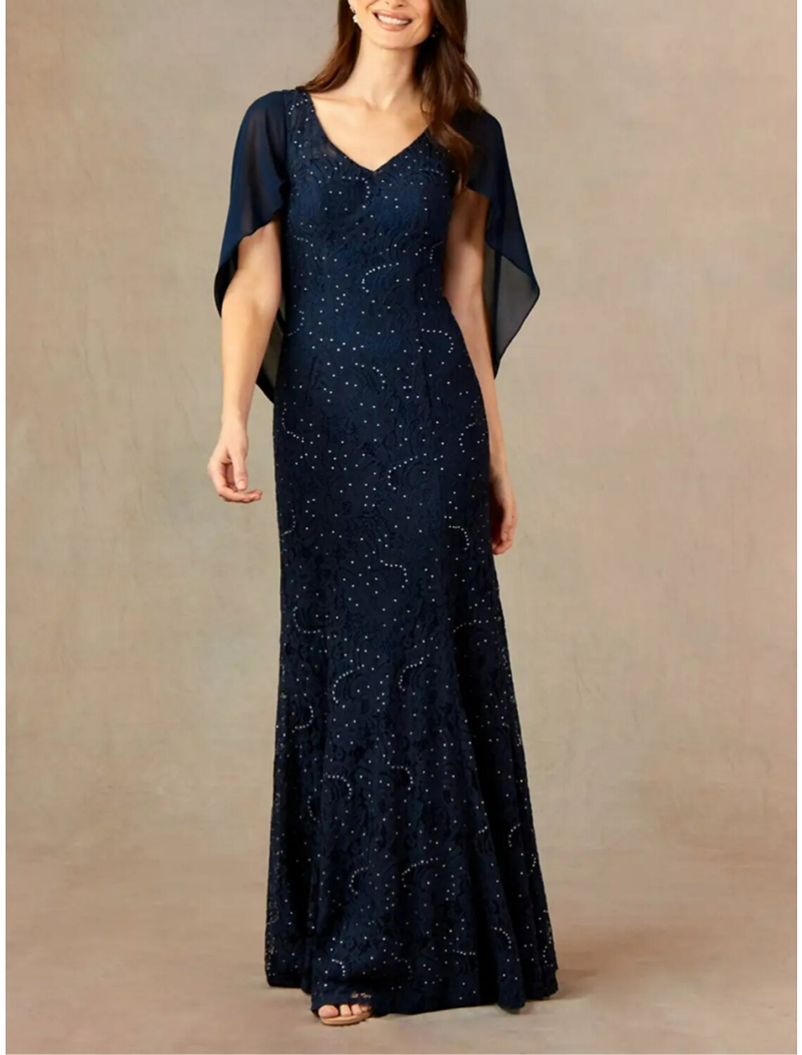 A-Line Mother of the Bride Dress Wedding Guest Vintage Elegant V Neck Floor Length Lace Half Sleeve with Pleats Crystals