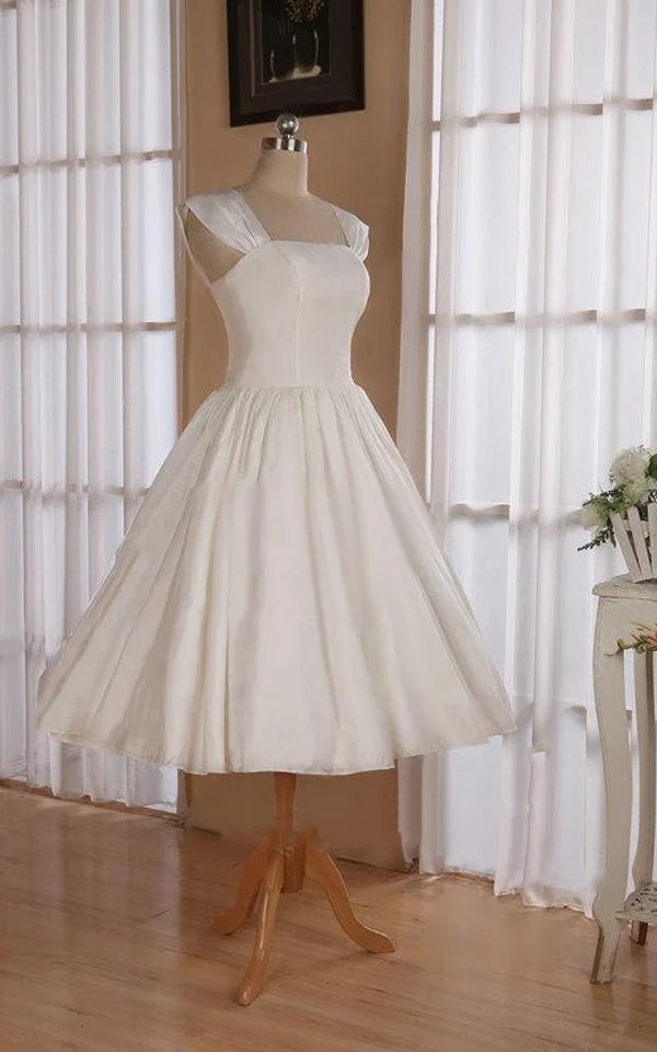 Buyishang Straps Sleeveless Lace-Up Back Tea-Length Satin Wedding Dress