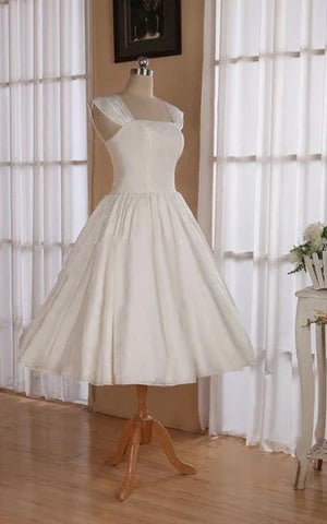 Buyishang Straps Sleeveless Lace-Up Back Tea-Length Satin Wedding Dress