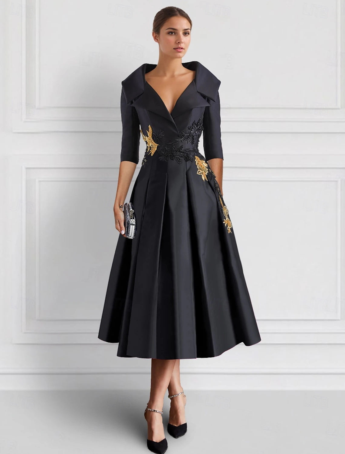 Buyishang Black Embroidered A-Line Cocktail Dresses Mother of Bride Elegant Formal Ankle Length 3/4 Length Sleeve Shirt Collar  Satin with Appliques