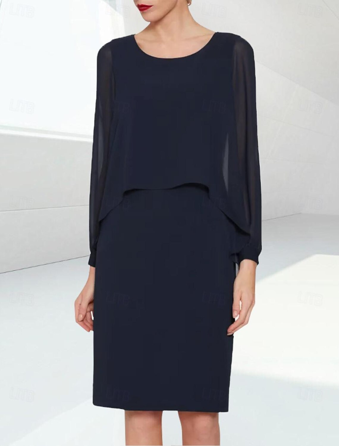 Buyishang Sheath / Column Mother of the Bride Dress Wedding Guest Elegant Jewel Neck Knee Length Chiffon Half Sleeve with Beading free custom size