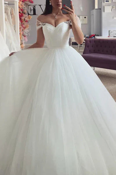 Buyishang Sweetheart Off-Shoulder Tulle A-Line Lace Applique Illusion Empire Wedding Dress