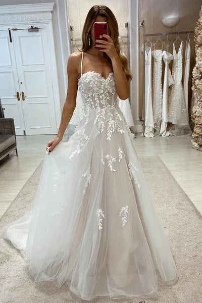 Buyishang Sweetheart Spaghetti Straps Tulle A-Line With Train Wedding Dress