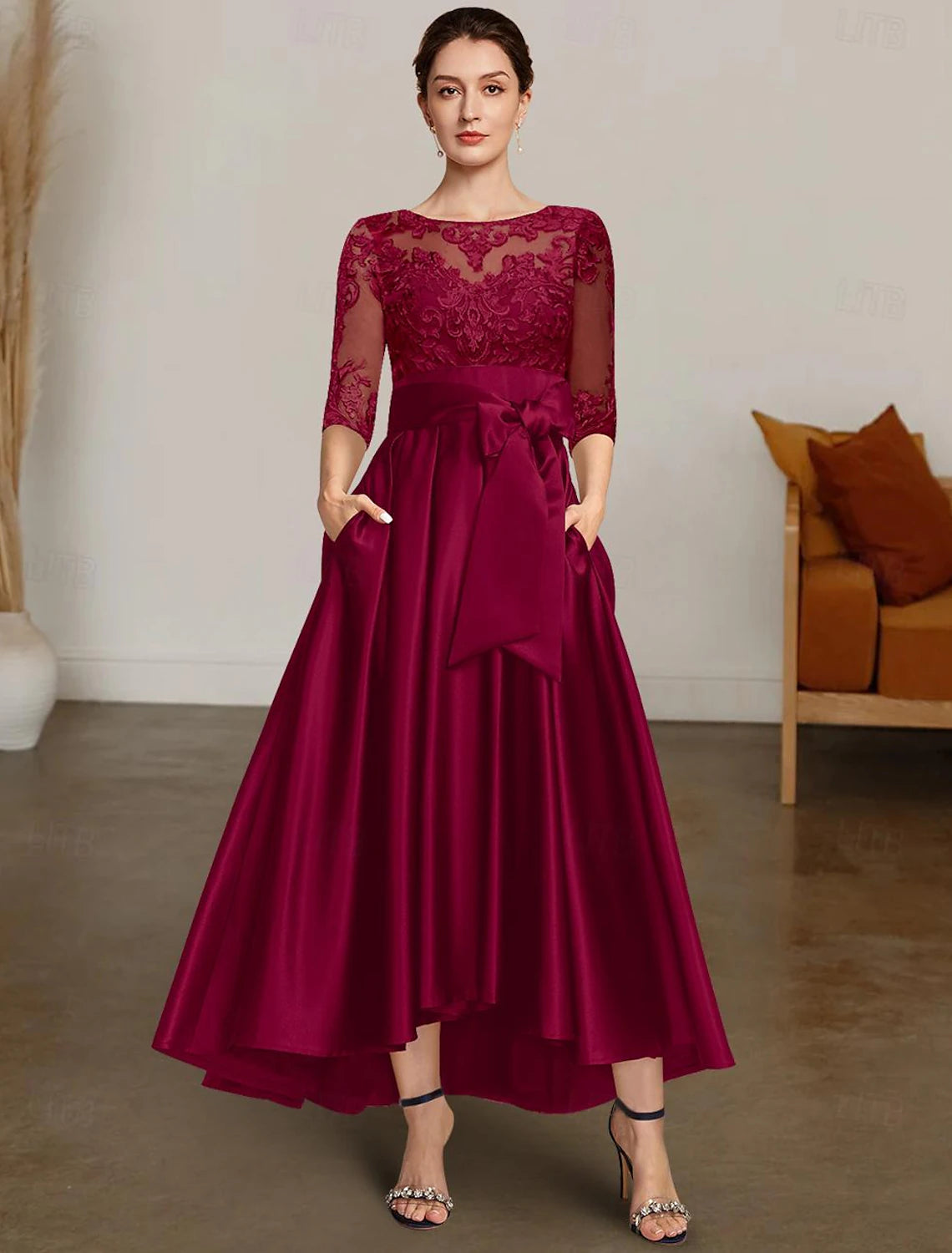 Buyishang A-Line Chrismas Dress Mother of the Bride Dress Formal Wedding Guest Elegant High Low Bateau Neck Asymmetrical Satin Lace 3/4 Length Sleeve with Lace Sash / Ribbon free custom size