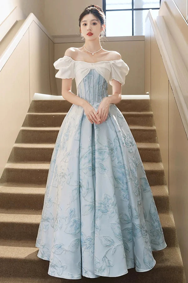 White and Blue Printed Floor Length Prom Dress Lovely Short Sleeve Formal Evening Dress