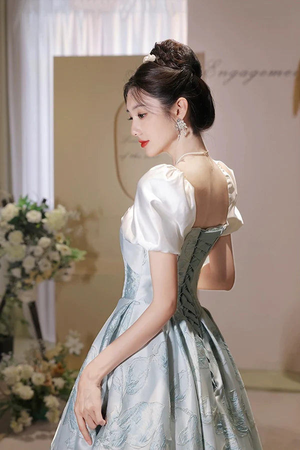 White and Blue Printed Floor Length Prom Dress Lovely Short Sleeve Formal Evening Dress