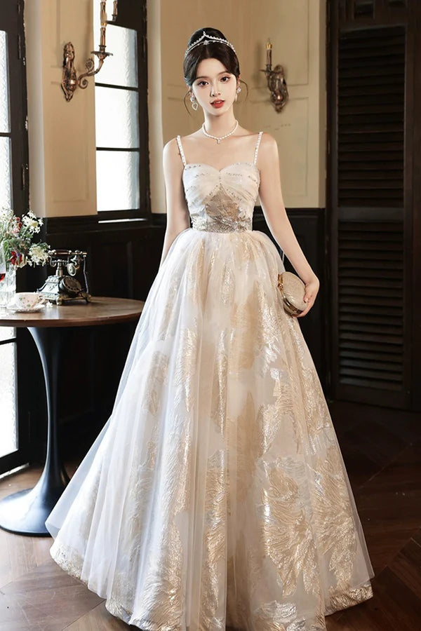 Champagne Spaghetti Strap Tulle Formal Dress A-Line Sweetheart Neck Evening Party Dress