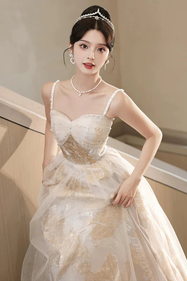 Champagne Spaghetti Strap Tulle Formal Dress A-Line Sweetheart Neck Evening Party Dress