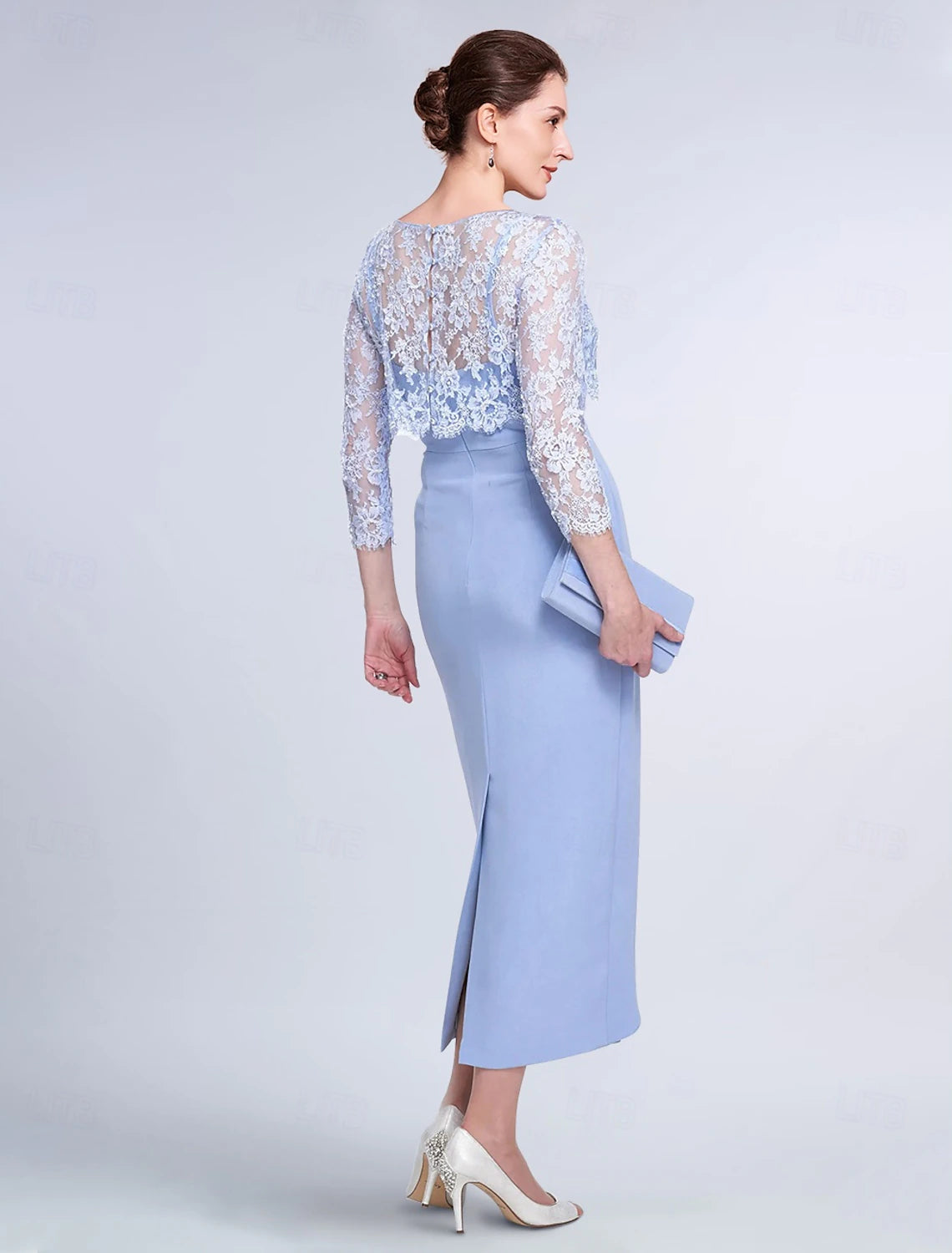 Buyishang Two Piece Sheath / Column Mother of the Bride Dress Elegant Jewel Neck Tea Length Lace Stretch Fabric 3/4 Length Sleeve Wrap Included Jacket Dresses with Lace Color Block free custom size