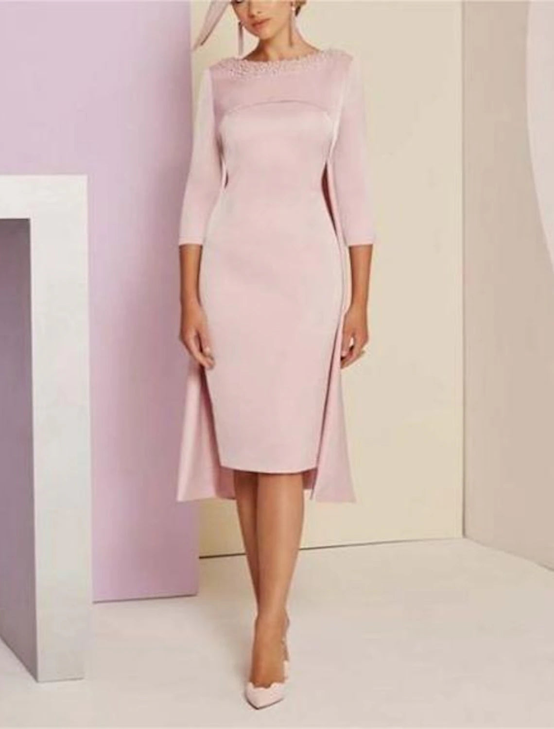 Buyishang Two Piece Sheath Mother of the Bride Dress Kentucky Elegant Dresses Formal Wedding Guest Elegant Elegant Dress Jewel Neck Knee Length Sequined Italy Satin 3/4 Length Sleeve with Crystals Beading