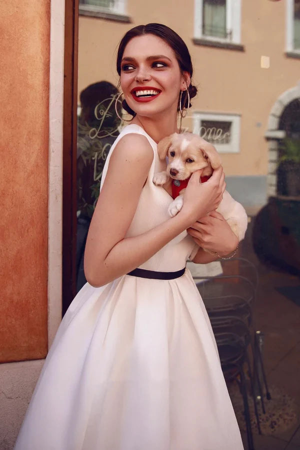 Buyishang Tea-length Sleeveless Vintage Satin Wedding Dress With Keyhole Back And Ruching Details