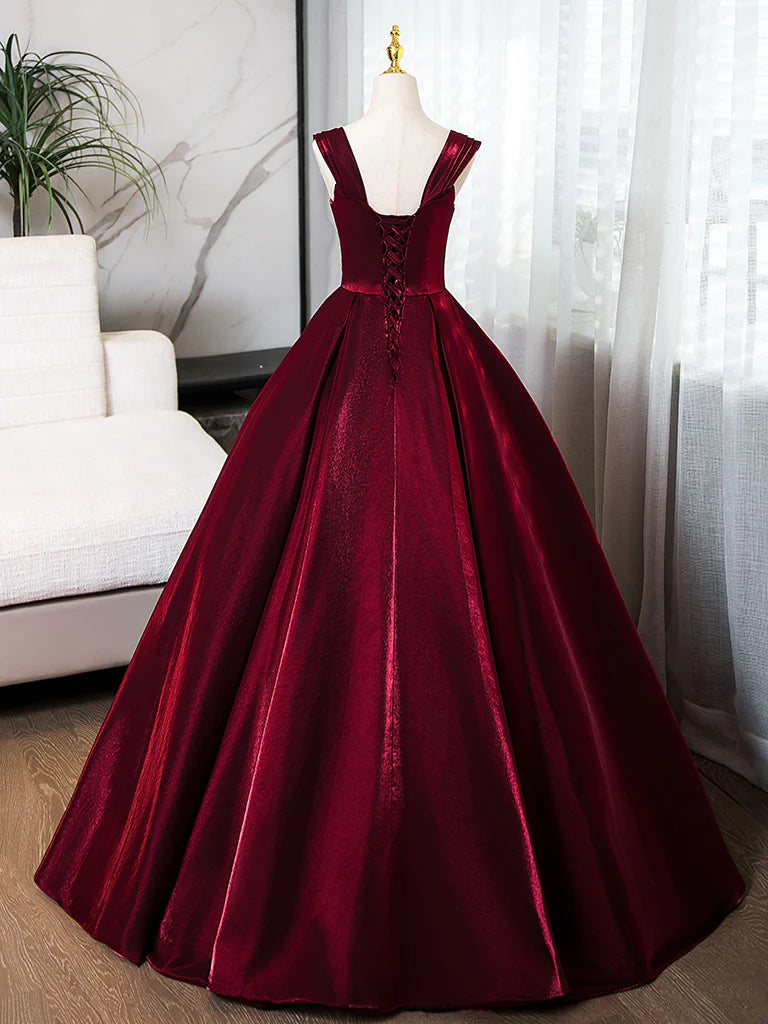 Buyishang A-Line off Shoulder Satin Burgundy Long Prom Dress Burgundy Evening Dress with Beads