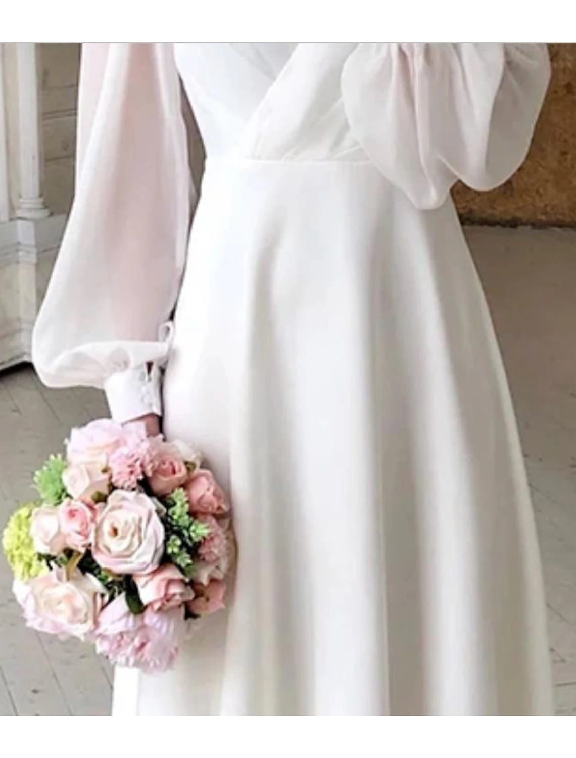 Buyishang Reception Little White Dresses Wedding Dresses A-Line V Neck Long Sleeve Ankle Length Chiffon Bridal Gowns With Solid Color