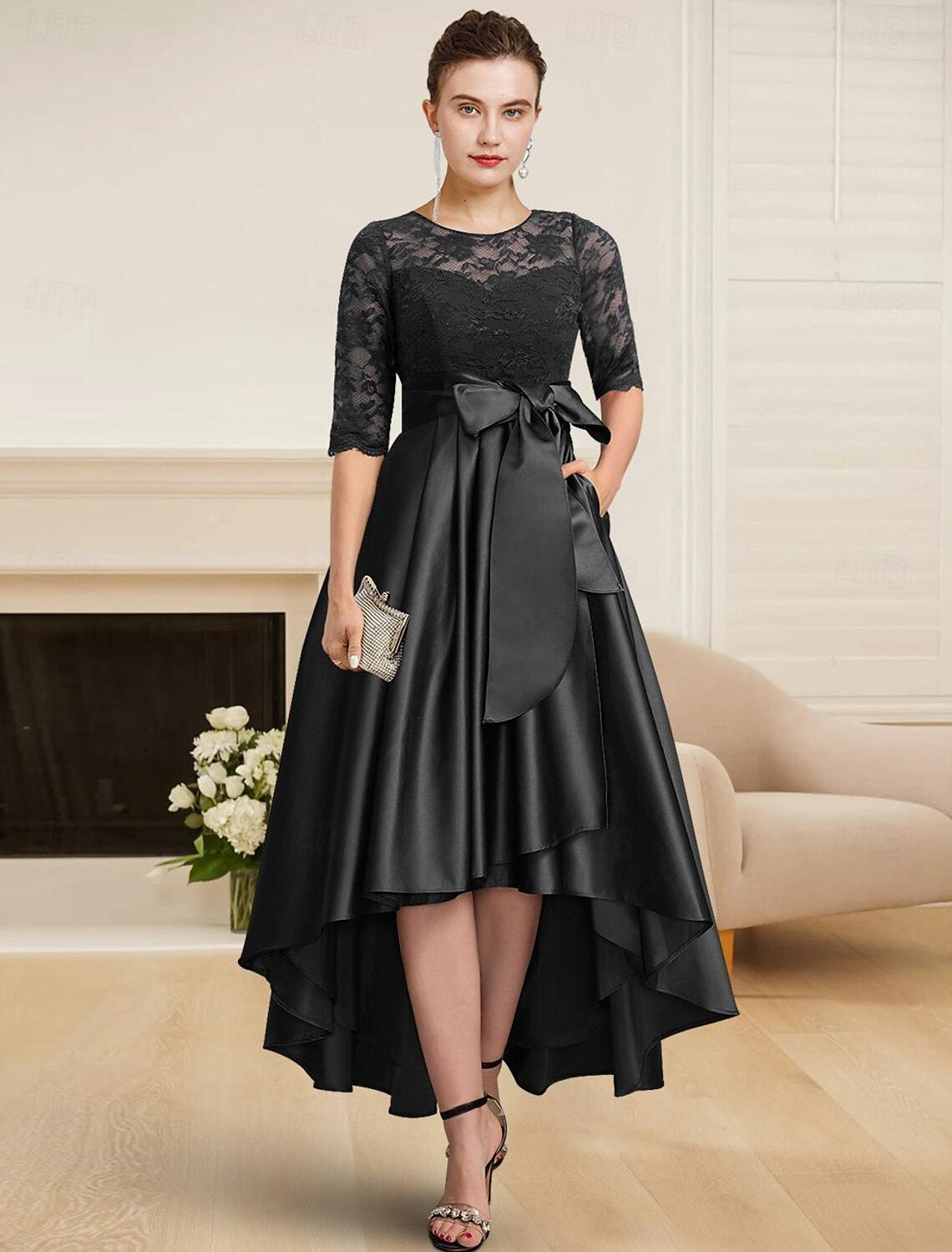 Buyishang A-Line Mother of the Bride Dress Wedding Guest Elegant High Low Jewel Neck Tea Length Satin Lace Half Sleeve with Lace Sash / Ribbon free custom size
