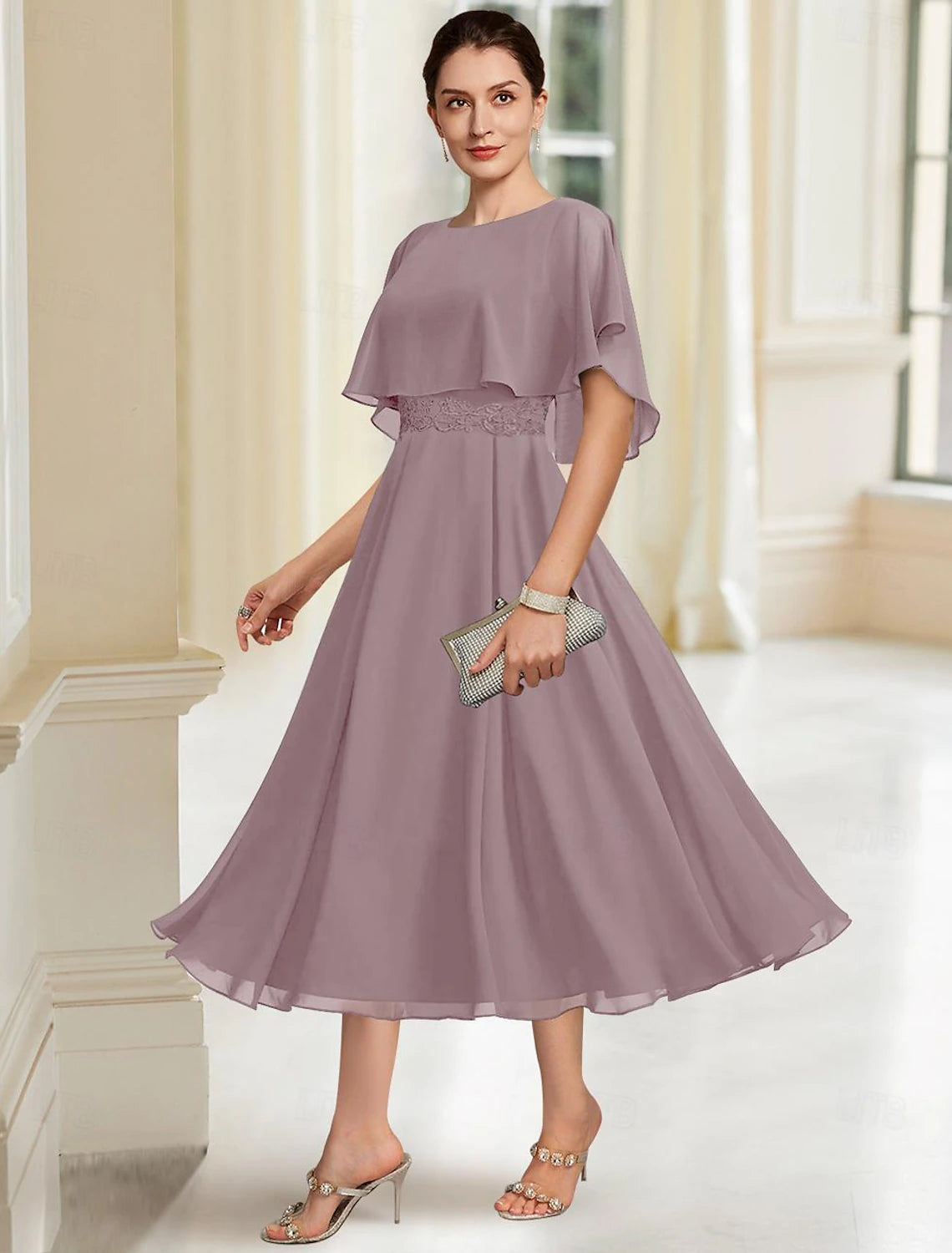 Buyishang A-Line Mother of the Bride Dress Elegant Jewel Neck Tea Length Chiffon Half Sleeve with Lace free custom size