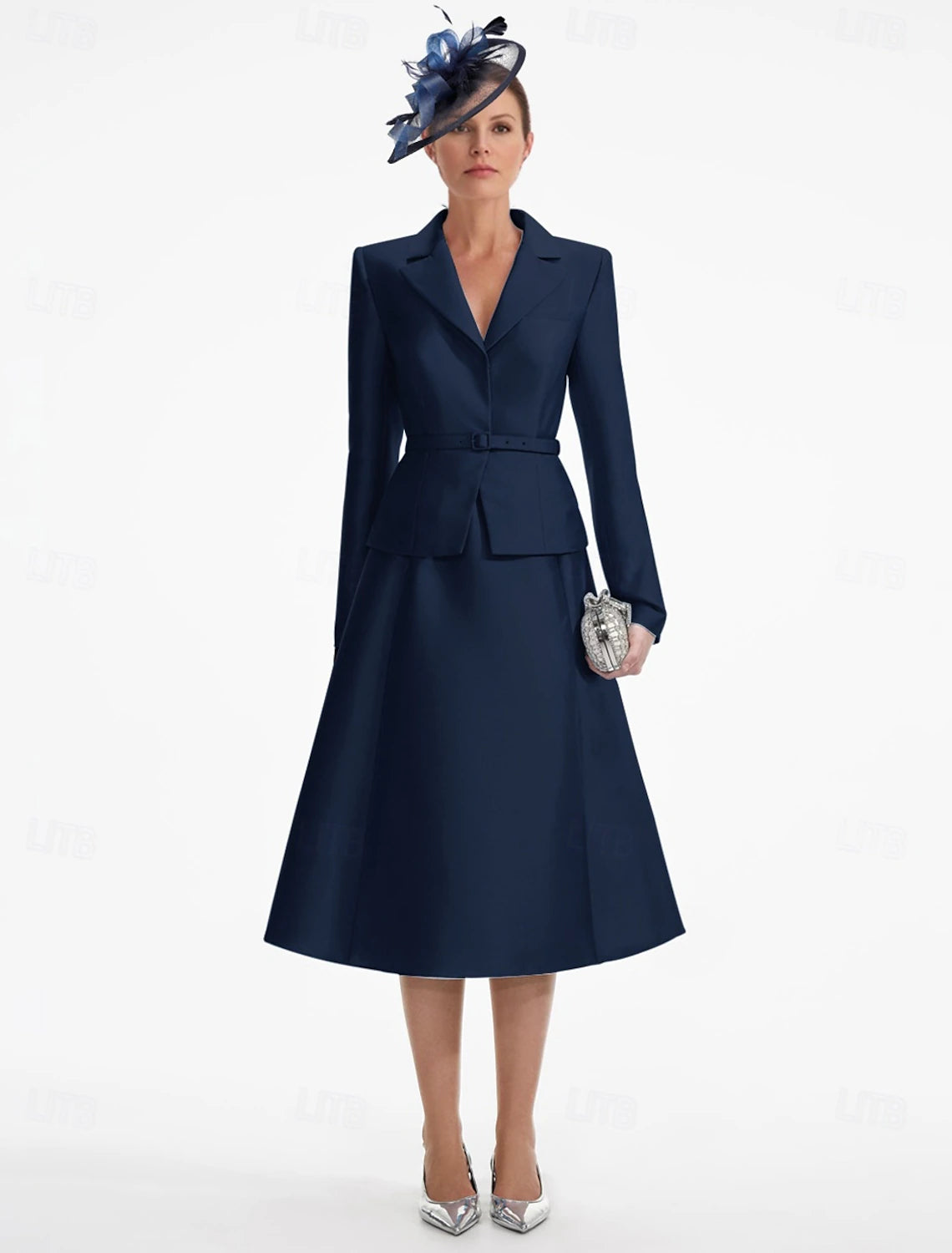 Buyishang A-Line Dress Mother of the Bride Dress Elegant V Neck Tea Length Satin Long Sleeve with Solid Color